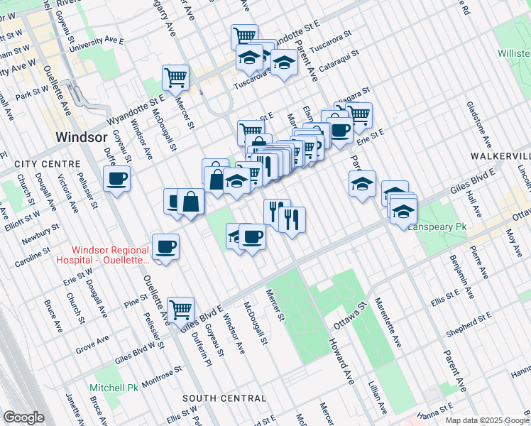 map of restaurants, bars, coffee shops, grocery stores, and more near 1088 Howard Avenue in Windsor