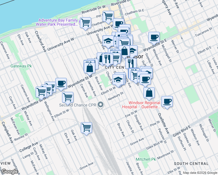 map of restaurants, bars, coffee shops, grocery stores, and more near 432 Elliott Street West in Windsor
