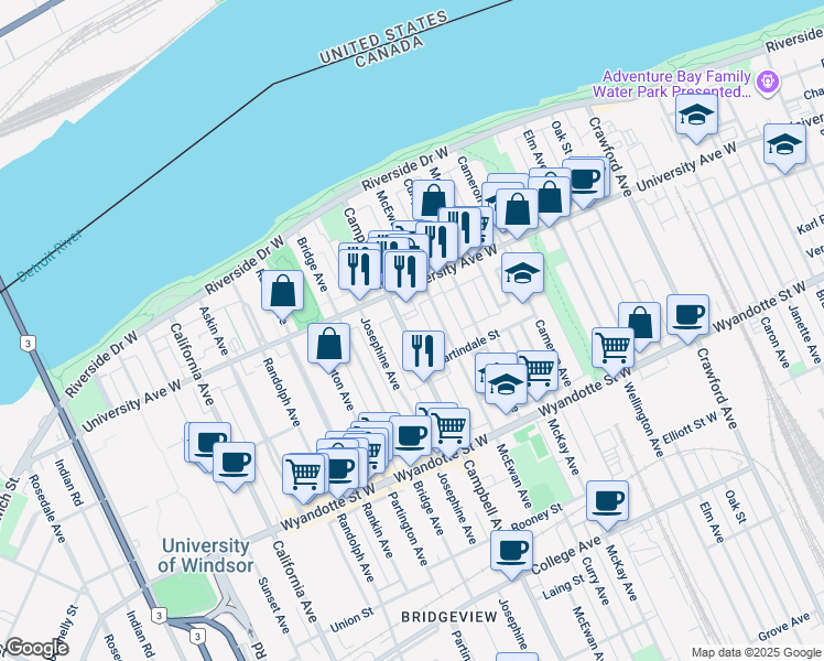 map of restaurants, bars, coffee shops, grocery stores, and more near in Windsor