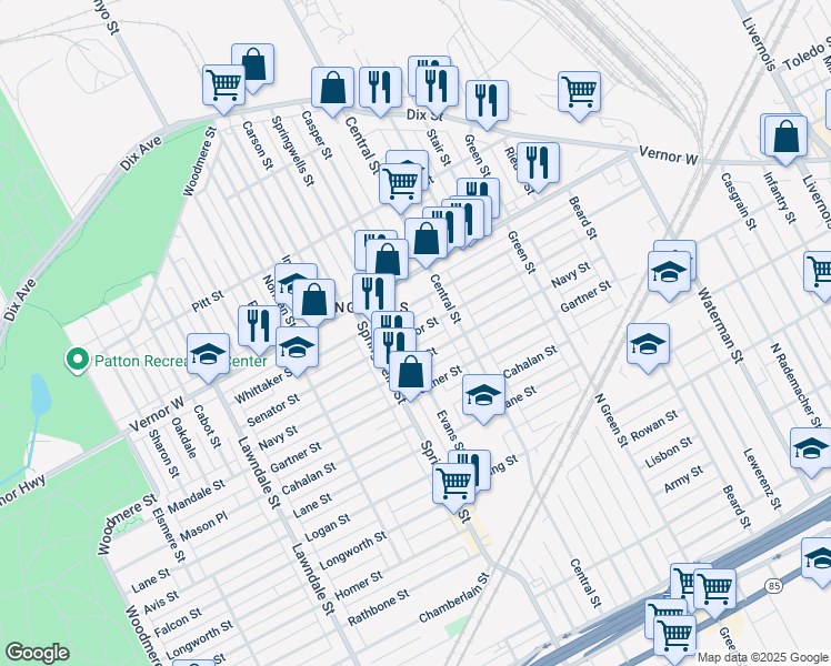 map of restaurants, bars, coffee shops, grocery stores, and more near 7830 Senator Street in Detroit