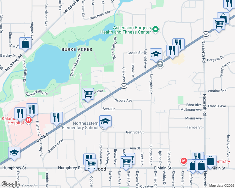 map of restaurants, bars, coffee shops, grocery stores, and more near 2611 Asbury Avenue in Kalamazoo