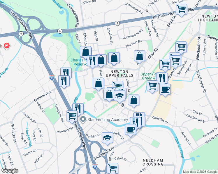 map of restaurants, bars, coffee shops, grocery stores, and more near 11 Indiana Terrace in Newton