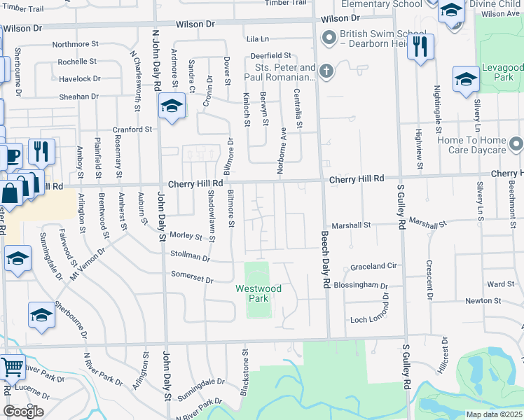 map of restaurants, bars, coffee shops, grocery stores, and more near 167 Cherry Valley Drive in Inkster