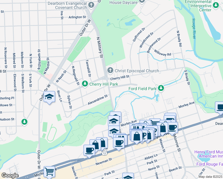 map of restaurants, bars, coffee shops, grocery stores, and more near 331 South Military Street in Dearborn