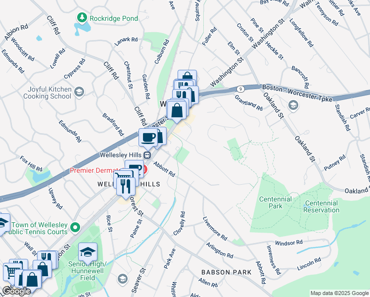 map of restaurants, bars, coffee shops, grocery stores, and more near 17R Maugus Avenue in Wellesley