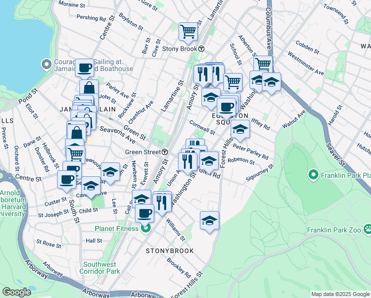 map of restaurants, bars, coffee shops, grocery stores, and more near 128 Brookside Avenue in Boston