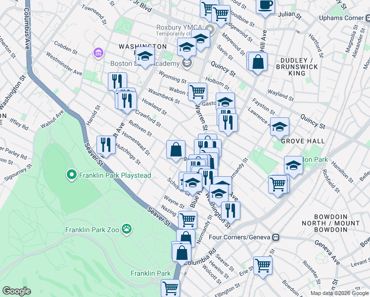 map of restaurants, bars, coffee shops, grocery stores, and more near 71-73 Georgia Street in Boston