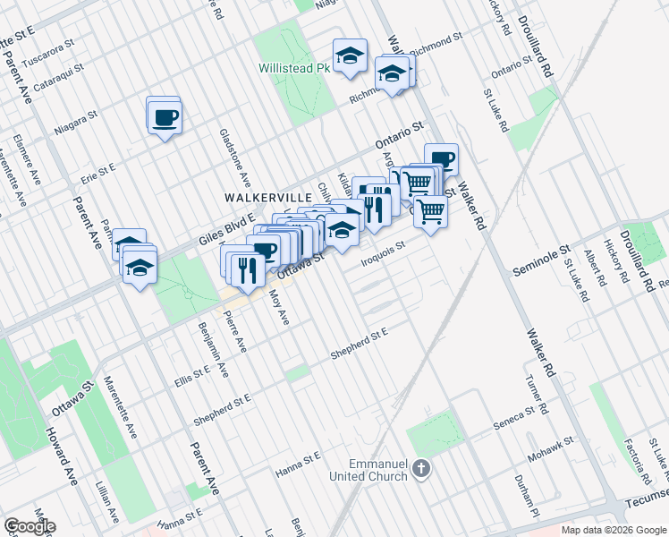 map of restaurants, bars, coffee shops, grocery stores, and more near 1334 Lincoln Road in Windsor