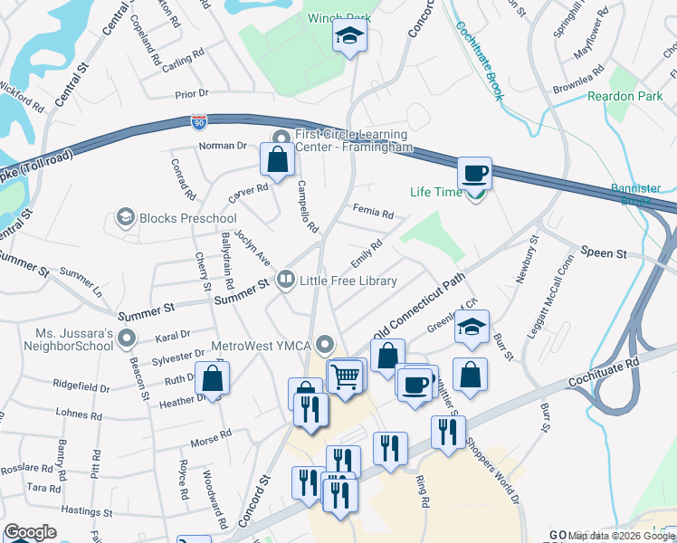 map of restaurants, bars, coffee shops, grocery stores, and more near 8 Emily Road in Framingham