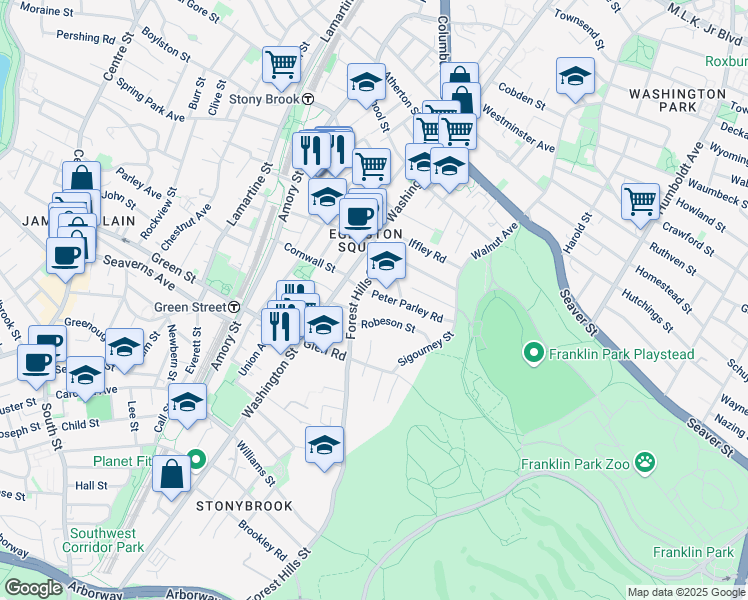 map of restaurants, bars, coffee shops, grocery stores, and more near 25 Peter Parley Road in Boston