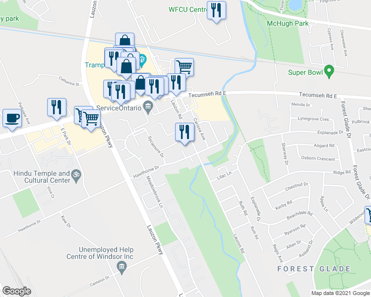 map of restaurants, bars, coffee shops, grocery stores, and more near 2675 Lauzon Road in Windsor
