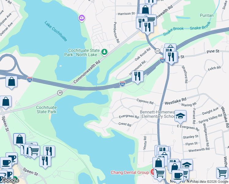 map of restaurants, bars, coffee shops, grocery stores, and more near 24 Magnolia Road in Natick