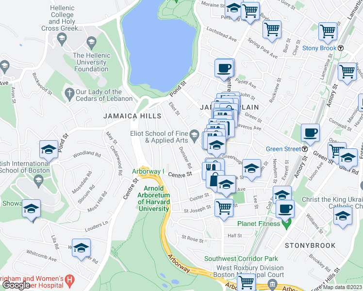 map of restaurants, bars, coffee shops, grocery stores, and more near 55 Dunster Road in Boston