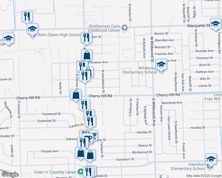 map of restaurants, bars, coffee shops, grocery stores, and more near 35101 School Street in Westland