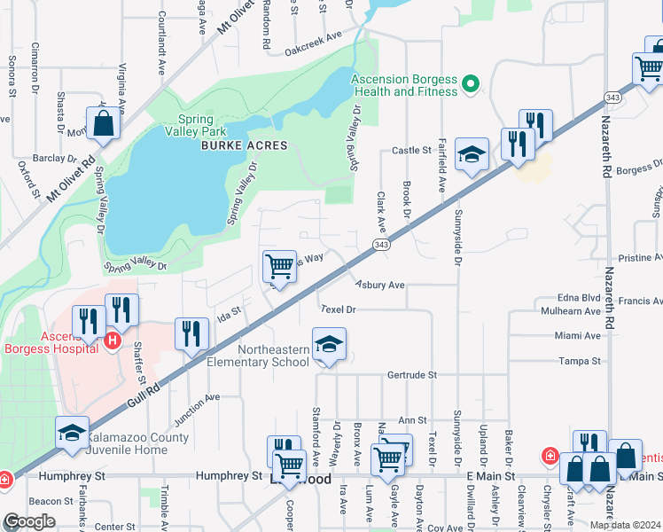 map of restaurants, bars, coffee shops, grocery stores, and more near 2425 Gull Road in Kalamazoo
