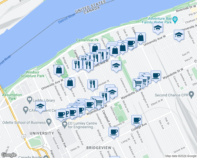 map of restaurants, bars, coffee shops, grocery stores, and more near 368 McEwan Avenue in Windsor