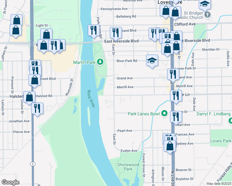 map of restaurants, bars, coffee shops, grocery stores, and more near 5521 East Drive in Loves Park