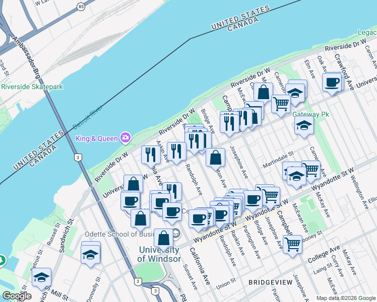 map of restaurants, bars, coffee shops, grocery stores, and more near 262 Randolph Place in Windsor