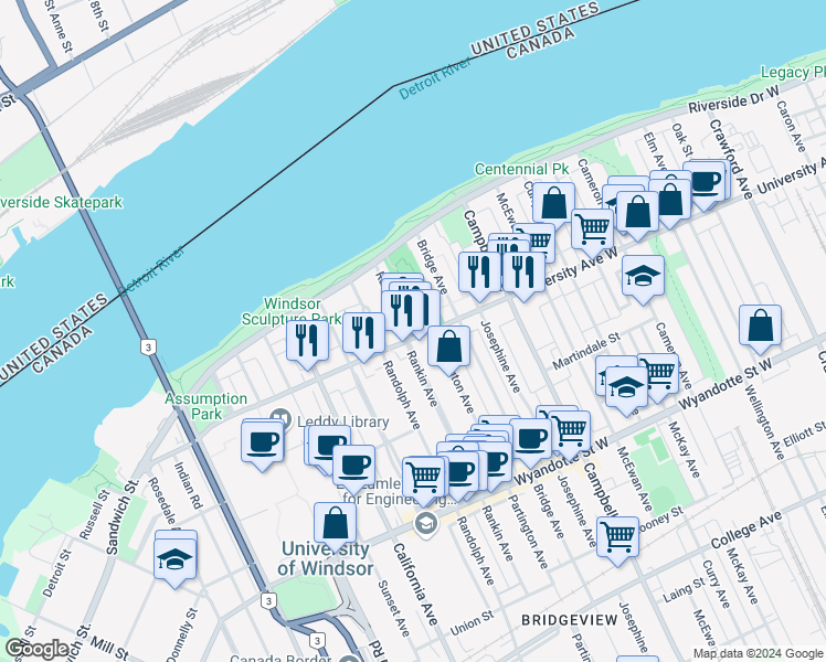 map of restaurants, bars, coffee shops, grocery stores, and more near 2062 University Avenue West in Windsor
