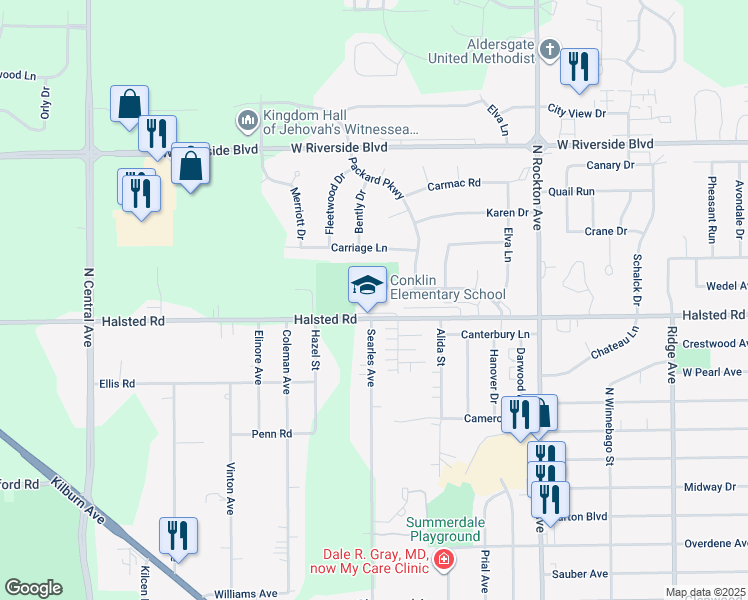 map of restaurants, bars, coffee shops, grocery stores, and more near 3003 Halsted Road in Rockford