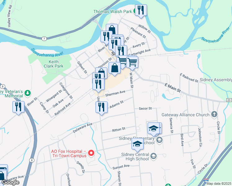 map of restaurants, bars, coffee shops, grocery stores, and more near 18 Sherman Avenue in Sidney