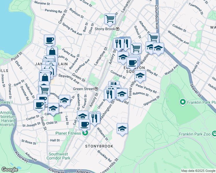 map of restaurants, bars, coffee shops, grocery stores, and more near 128 Brookside Avenue in Boston