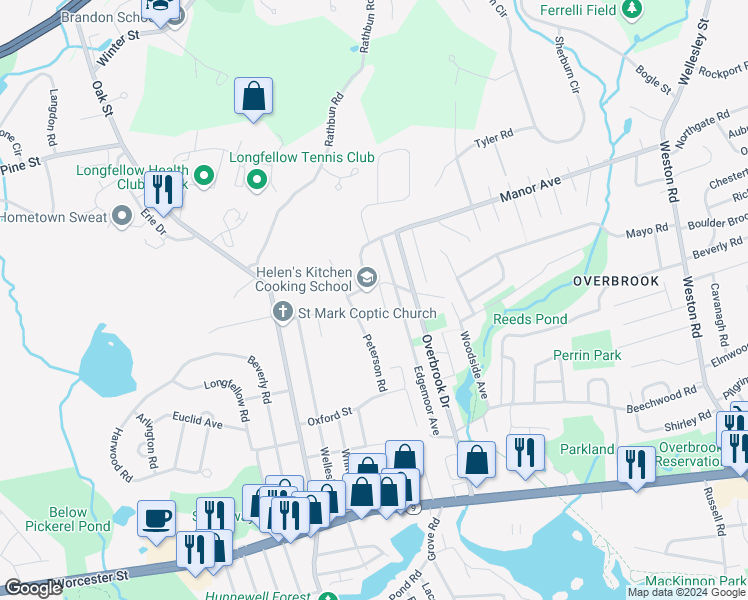 map of restaurants, bars, coffee shops, grocery stores, and more near 40 Upland Road in Natick