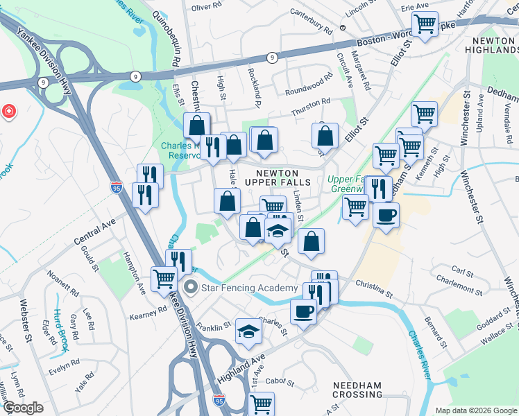 map of restaurants, bars, coffee shops, grocery stores, and more near 18 Pennsylvania Avenue in Newton
