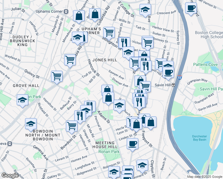 map of restaurants, bars, coffee shops, grocery stores, and more near 426 Bowdoin Street in Boston