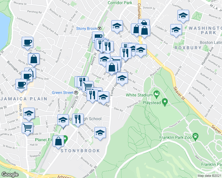 map of restaurants, bars, coffee shops, grocery stores, and more near 5 Sylvia Street in Boston
