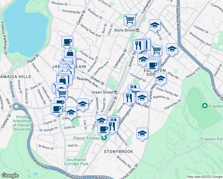 map of restaurants, bars, coffee shops, grocery stores, and more near 149 Green Street in Boston