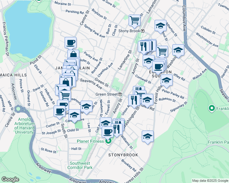 map of restaurants, bars, coffee shops, grocery stores, and more near 149 Green Street in Boston