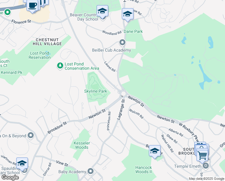 map of restaurants, bars, coffee shops, grocery stores, and more near 26 Hammond Pond Parkway in Brookline