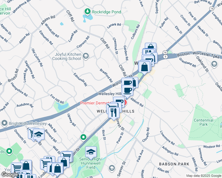 map of restaurants, bars, coffee shops, grocery stores, and more near 504 Massachusetts 9 in Wellesley