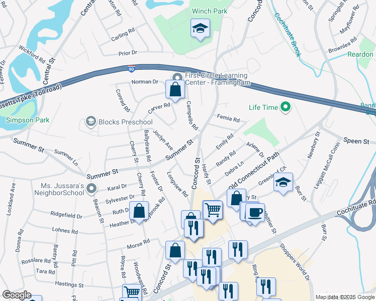map of restaurants, bars, coffee shops, grocery stores, and more near 1152 Concord Street in Framingham
