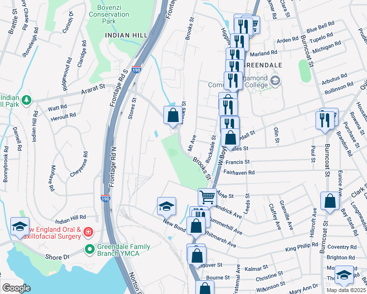 map of restaurants, bars, coffee shops, grocery stores, and more near 7 Mount Avenue in Worcester