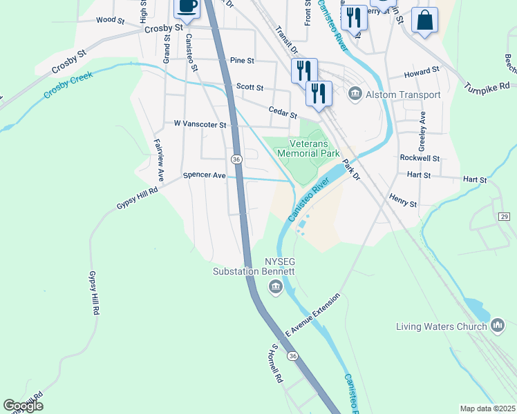 map of restaurants, bars, coffee shops, grocery stores, and more near 480 Maple City Drive in Hornell