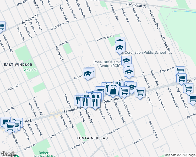 map of restaurants, bars, coffee shops, grocery stores, and more near 1967 Ethan Court in Windsor