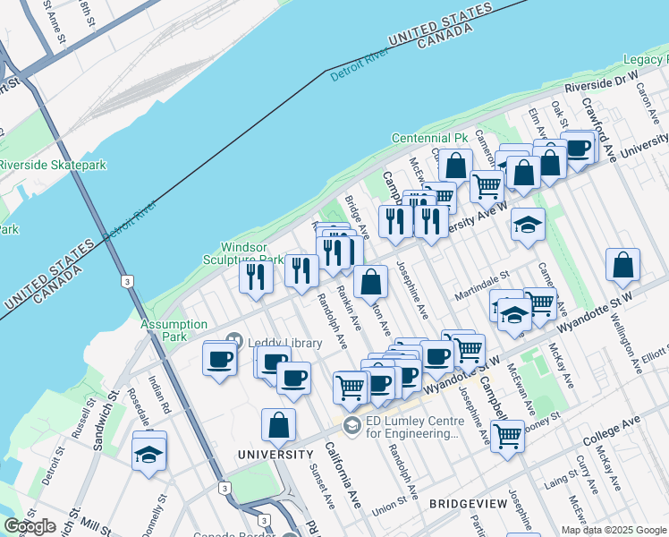 map of restaurants, bars, coffee shops, grocery stores, and more near 2062 University Avenue West in Windsor