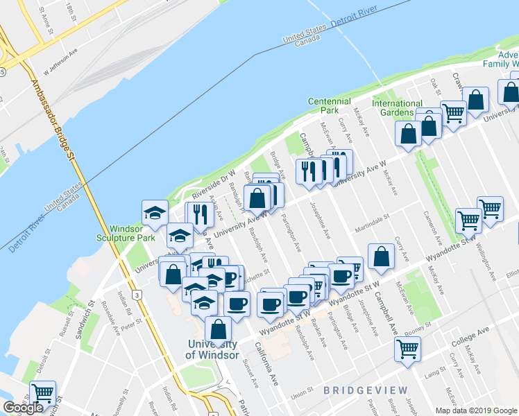 map of restaurants, bars, coffee shops, grocery stores, and more near 2062 University Avenue West in Windsor