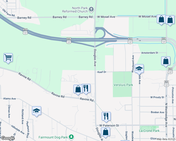 map of restaurants, bars, coffee shops, grocery stores, and more near 1915 Douglas Avenue in Kalamazoo