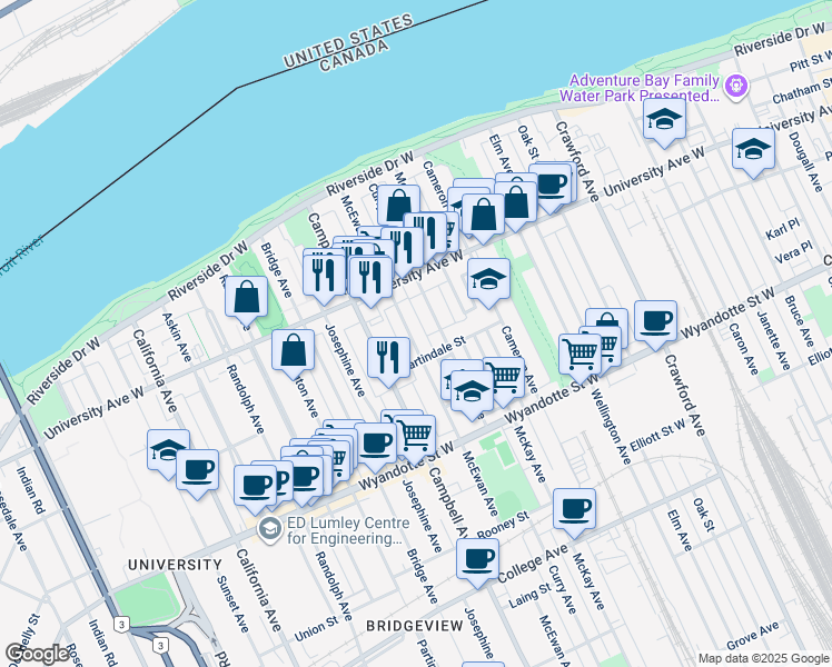 map of restaurants, bars, coffee shops, grocery stores, and more near 366 McEwan Avenue in Windsor