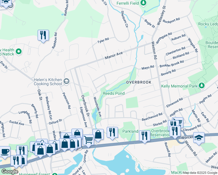 map of restaurants, bars, coffee shops, grocery stores, and more near 25 Upson Road in Wellesley