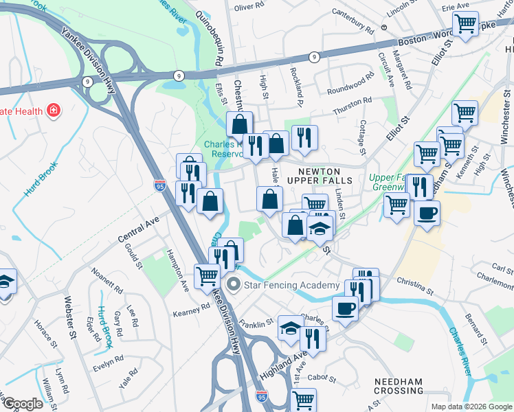 map of restaurants, bars, coffee shops, grocery stores, and more near 1117 Chestnut Street in Newton