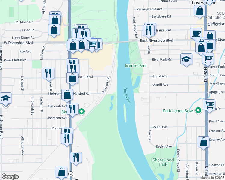 map of restaurants, bars, coffee shops, grocery stores, and more near 6 Country Club Beach in Rockford