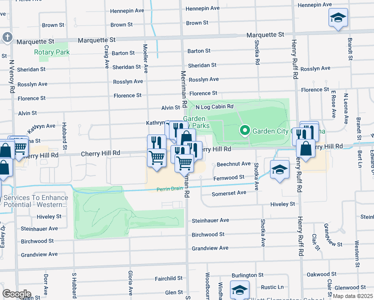 map of restaurants, bars, coffee shops, grocery stores, and more near Cherry Hill Rd & Merriman Rd in Westland