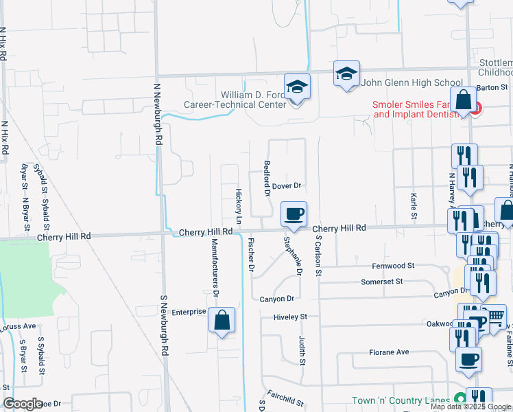 map of restaurants, bars, coffee shops, grocery stores, and more near 36852 Ravenwood Drive in Westland