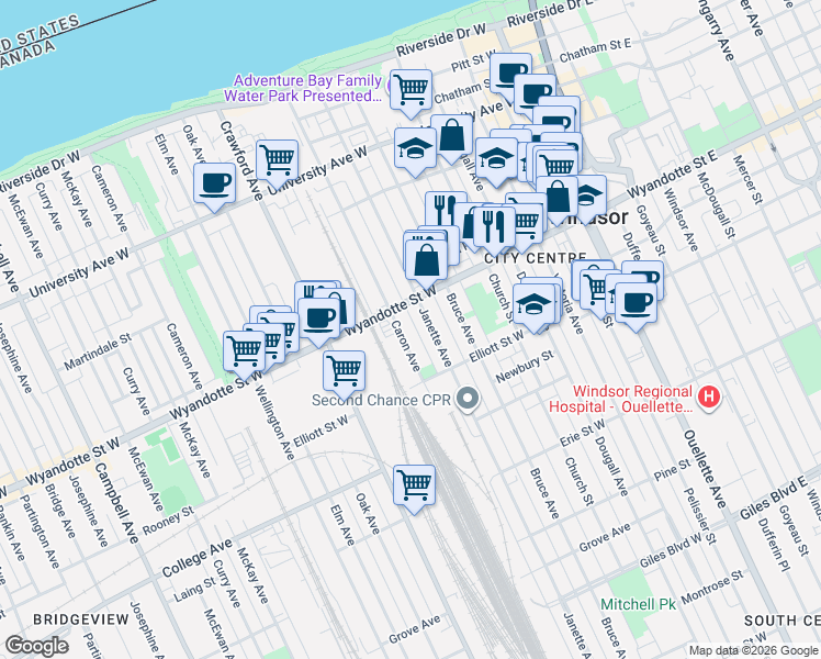 map of restaurants, bars, coffee shops, grocery stores, and more near in Windsor