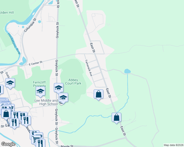 map of restaurants, bars, coffee shops, grocery stores, and more near 55 Tamarack Avenue in Lee