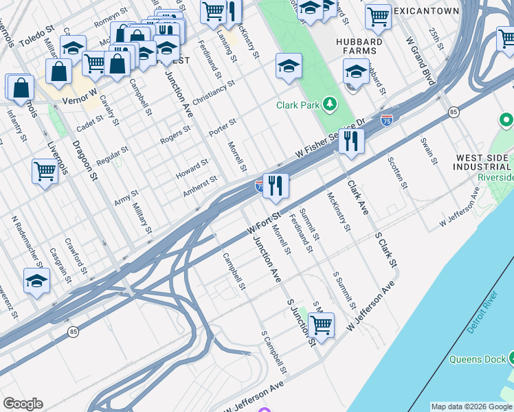 map of restaurants, bars, coffee shops, grocery stores, and more near in Detroit